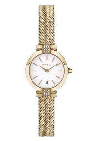 Guld metal mesh rem ur med en rund hvid skive, gyldne timemarker, datovisning og krystal accenter på sagen.