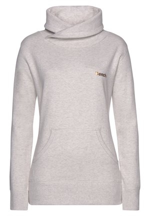 Light grey sweatshirt with a cowl neck, front pockets, and ribbed cuffs. Features a small gold logo on the left chest area. Soft fabric texture.
