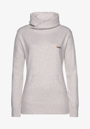 Helle graue Sweatshirt mit Kapuze, Fronttaschen und gerippten Bündchen. Verfügt über ein kleines goldenes Logo auf der linken Brustseite. Weicher Stoff.