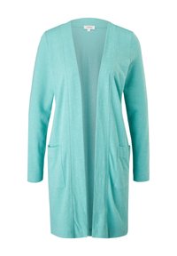 Cardigan bleu sarcelle à manches longues et devant ouvert avec deux poches avant, confectionné en tissu tricoté léger, conçu pour un look décontracté.