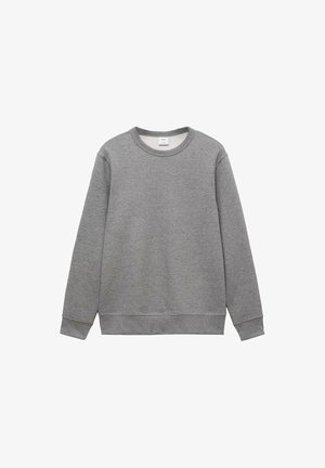 Sivá mikina vyrobená z bavlneného zmesi, ktorá má klasický okrúhly výstrih, dlhé rukávy a rebrované manžety a spodný lem. Hladká textúra.