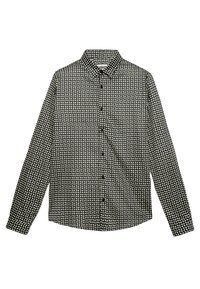 Zwart-wit overhemd met knopen, voorzien van een geometrisch patroon, lange mouwen, een kraag en een rechte onderkant.