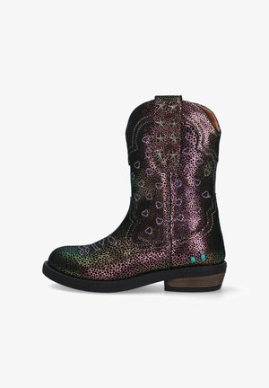 Kleurrijke cowboylaars met een gestructureerd, metallic oppervlak met draaiende patronen, steraccenten en een lage hak. Gemaakt van synthetische materialen.