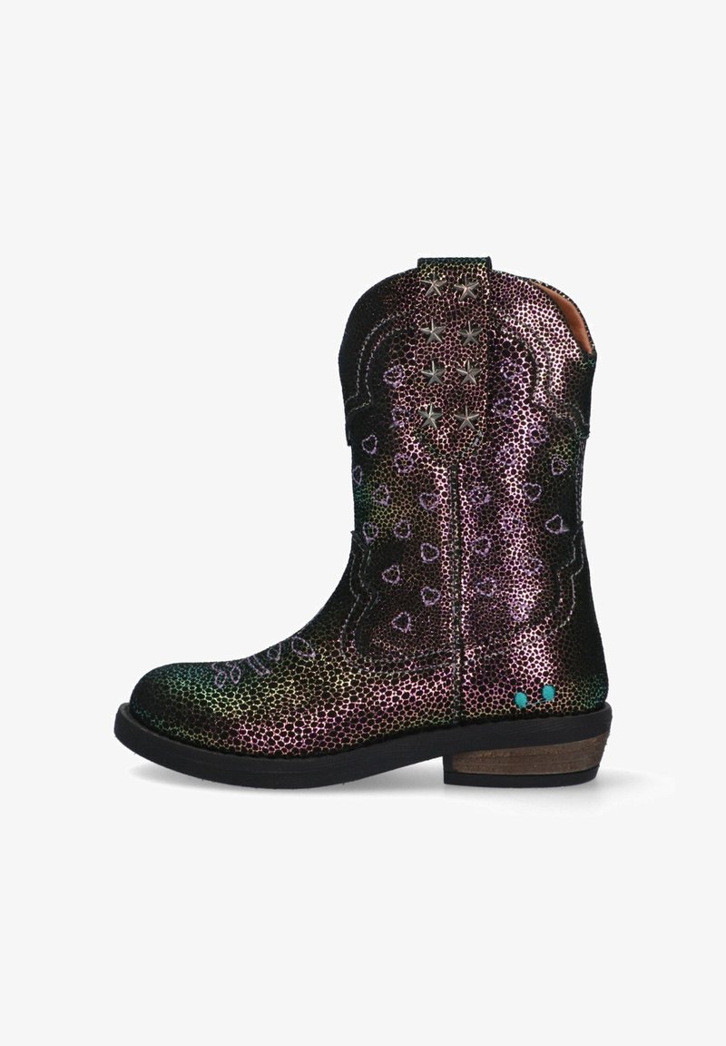 Kleurrijke cowboylaars met een gestructureerd, metallic oppervlak met draaiende patronen, steraccenten en een lage hak. Gemaakt van synthetische materialen.