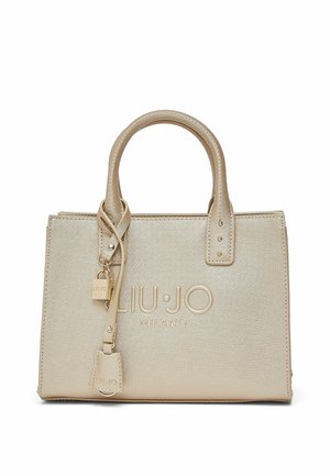 Kleine beige gestructureerde handtas met dubbele handvatten, geperst "LIU JO MILANO" logo en decoratief slot en label aan de voorkant links.