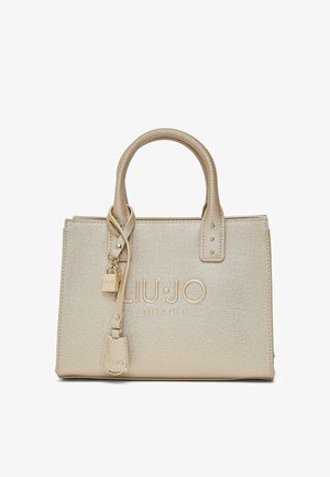 Kleine beige gestructureerde handtas met dubbele handvatten, geperst "LIU JO MILANO" logo en decoratief slot en label aan de voorkant links.