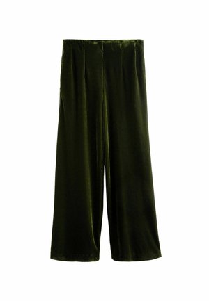 Pantalones de terciopelo verde oscuro de pierna ancha con cintura alta y sin botones ni bolsillos visibles, mostrados sobre un fondo blanco.