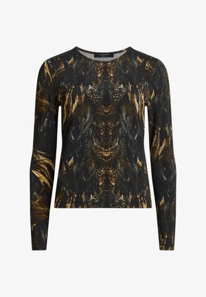 Maglietta a maniche lunghe nera con un intricato motivo dorato e marrone, dotata di scollatura rotonda e di una vestibilità aderente. Tessuto morbido.
