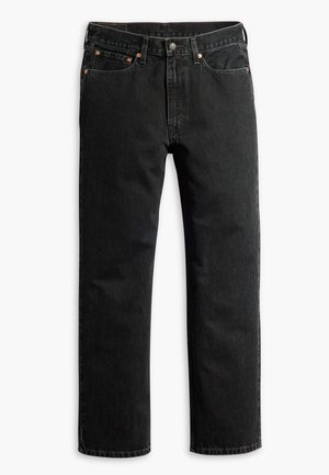 Black straight-leg denim jeans with five pockets, belt loops, and a button closure at the waist, laid flat on a white background.