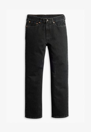 Svarte rette denimjeans med fem lommer, beltehemper og knappelukking i livet, liggende flatt på en hvit bakgrunn.