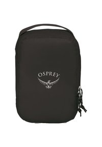 Zwarte rechthoekige tas met een handvat aan de bovenkant, dubbele ritssluitingen aan de zijkant en een wit Osprey-logo met een gestileerde vogel in de vlucht.