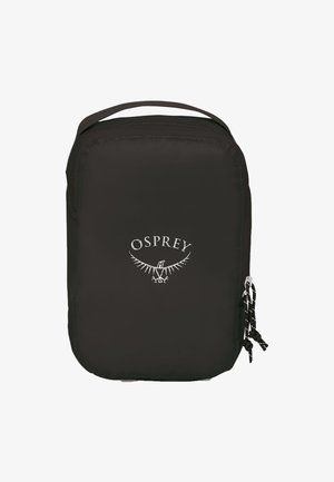 Zwarte rechthoekige tas met een handvat aan de bovenkant, dubbele ritssluitingen aan de zijkant en een wit Osprey-logo met een gestileerde vogel in de vlucht.