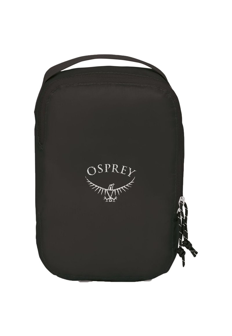 Zwarte rechthoekige tas met een handvat aan de bovenkant, dubbele ritssluitingen aan de zijkant en een wit Osprey-logo met een gestileerde vogel in de vlucht.
