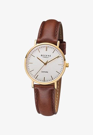 Montre classique avec boîtier en or, cadran blanc, bracelet en cuir marron et aiguilles fines en or affichant 10:09:36.