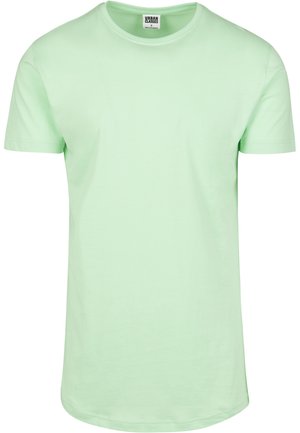 Pohľadná zelená bavlnená tričko s okrúhlym výstrihom, krátkymi rukávmi a rovnými okrajmi; jemná textúra a minimalistický dizajn.