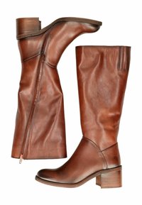 Brune læder knæhigh støvler med rund toe, side lynlås og stablet hæl. Glat tekstur med subtile folder og syningsdetaljer.