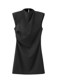 Robe noire sans manches avec un col montant, présentant de fines rayures verticales et un drapé en tissu texturé sur le côté.