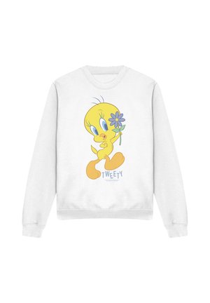 White sweatshirt featuring yellow cartoon bird holding a purple flower with the text "Tweety" below the character.