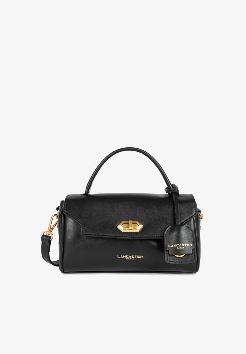 Sac à main en cuir noir avec une forme structurée, quincaillerie dorée, anse supérieure et bandoulière amovible. Présente des accents de logo et une fermeture à fermoir.