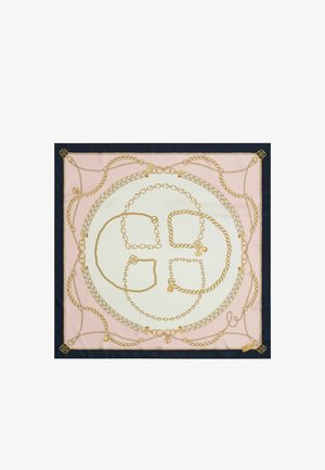 Foulard en soie avec un fond rose et crème, présentant des motifs de chaînes dorées et de cordes tressées, bordé de bords noirs avec des détails dorés.