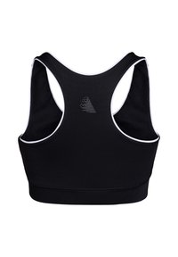 Saporete sportivo nero con dettagli bianchi e design racerback. Presenta un logo testurizzato al centro della schiena e un tessuto morbido e elastico.