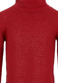 Maglione rosso a collo alto con motivo di maglia testurizzata e maniche lunghe, mostrato dalle spalle fino a metà torso.