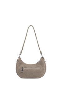 Borsa in camoscio grigio chiaro con forma arrotondata, tracolla regolabile e tasca esterna con cerniera con finiture in argento.