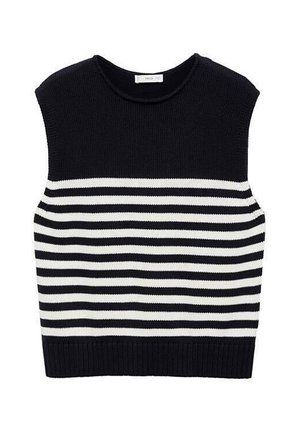 Haut sans manches tricoté à rayures marine et blanches avec un ourlet côtelé. Il présente un col rond et une coupe décontractée, mettant en valeur les rayures horizontales.