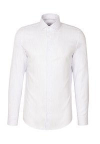 Witte langlopende overhemd met lichtblauwe verticale strepen, knopen aan de voorkant, klassieke kraag en contrasterende gestreepte manchetten.