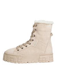 Bottes mi-mollet beiges en suède avec une semelle en caoutchouc texturée. Dotées d'une douce doublure en fourrure blanche sur le dessus et d'un design classique à lacets.
