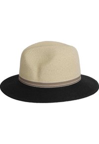 Bredbrättad hatt med vävd textur; krämfärgad krona och svart brätte. Har ett flerfärgat randigt band runt basen.
