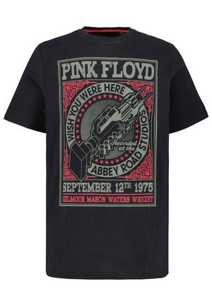 Sort bomulds T-shirt med et grafisk print af en guitar samt teksten "PINK FLOYD" og "WISH YOU WERE HERE" i grønne og røde farver.