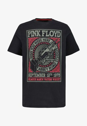 Schwarzes Baumwoll-T-Shirt mit einem grafischen Druck eines Gitarrenmotivs und dem Schriftzug "PINK FLOYD" sowie "WISH YOU WERE HERE" in grünen und roten Farben.