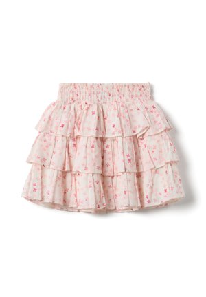 Gelaagde roze en witte bloemenrok met gerimpelde tailleband en ruches, op een witte achtergrond.