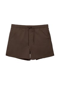 Braune Badehose aus leichtem Stoff. Sie verfügen über einen elastischen Bund mit einer Kordel und seitlichen Schlitzen für eine bequeme Bewegungsfreiheit.
