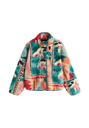 Fuzzy jacket with colorful abstract floral and geometric patterns in teal, red, orange, pink, cream, and black, featuring a round collar and long sleeves.