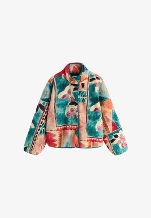Fuzzy jacket with colorful abstract floral and geometric patterns in teal, red, orange, pink, cream, and black, featuring a round collar and long sleeves.