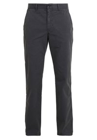 Šedé lehké kalhoty z látky s knoflíkovým zapínáním, přímo střiženými nohavicemi a bočními kapsami. Minimalistický design bez viditelných vzorů.