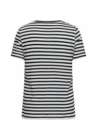 Camiseta de manga corta a rayas blancas y negras con cuello redondo, hecha de algodón suave, con un corte relajado y dobladillo recto.