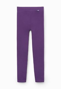 Paars geribde leggings met een brede tailleband. Bevat een klein logo-label op de taille. Soepele textuur met een aansluitende pasvorm.