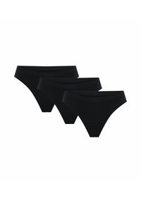 Ensemble de lingerie noire en trois pièces, fabriqué en tissu doux et extensible. Comprend une ceinture plate et des coutures lisses pour plus de confort.
