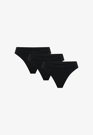 Ensemble de lingerie noire en trois pièces, fabriqué en tissu doux et extensible. Comprend une ceinture plate et des coutures lisses pour plus de confort.
