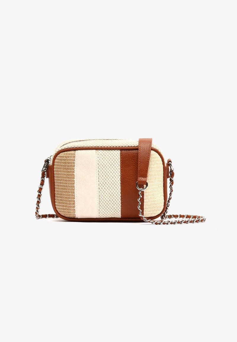 Petit sac bandoulière rectangulaire avec des panneaux verticaux texturés beige, crème et marron, et une bandoulière en cuir marron avec chaîne en métal.