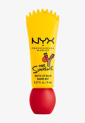 Gele en rode NYX Professional Makeup matte lippenbalsem tube met het logo van The Simpsons en een katapultafbeelding, 0,27 fl. oz. (8 mL).