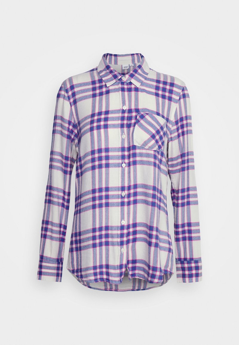 Camicia con bottoni in un leggero tessuto di flanella, con una base bianca e motivo a quadri viola e rosa. Include una tasca sul petto e maniche lunghe.