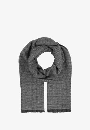 Grau geflochtener Schal mit einem strukturierten Muster und fransigen Kanten, in kreisförmiger Form drapiert. Weiches Material mit glatter Oberfläche.