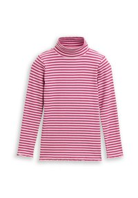 Lange mouw turtleneck top in roze en witte horizontale strepen, gemaakt van geribbelde stof met een golvende zoom en een aansluitend ontwerp.
