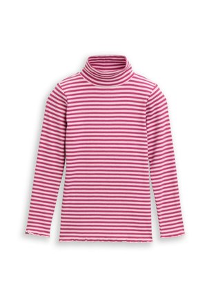 Lange mouw turtleneck top in roze en witte horizontale strepen, gemaakt van geribbelde stof met een golvende zoom en een aansluitend ontwerp.
