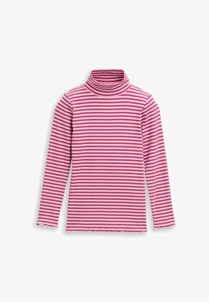 Langärmliges Turtleneck-Oberteil in rosa und weißen Streifen, aus geripptem Stoff mit einem gewellten Saum und taillierter Passform.