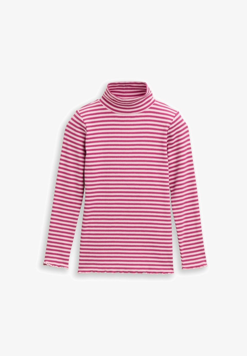 Pitkähihaista turtleneck-paitaa vaaleanpunaisilla ja valkoisilla vaakaraitoja, valmistettu ribbikankaasta, jossa on aaltoileva helma ja tiukka muotoilu.